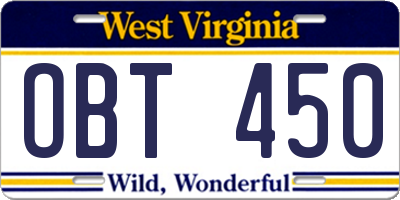 WV license plate OBT450