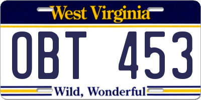 WV license plate OBT453