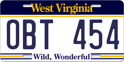 WV license plate OBT454
