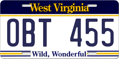 WV license plate OBT455