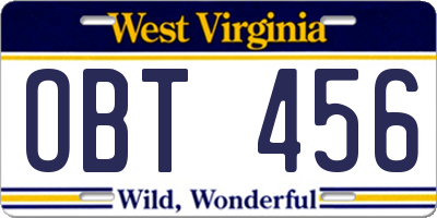 WV license plate OBT456