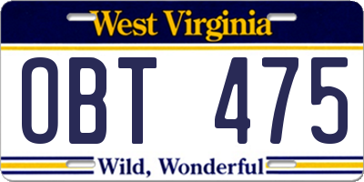 WV license plate OBT475