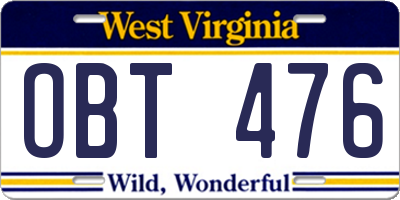 WV license plate OBT476