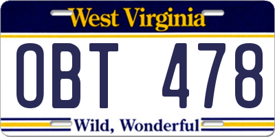 WV license plate OBT478