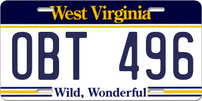 WV license plate OBT496