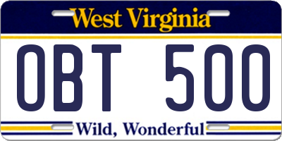 WV license plate OBT500