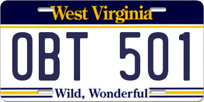 WV license plate OBT501