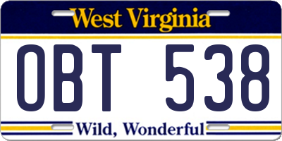 WV license plate OBT538
