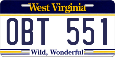 WV license plate OBT551