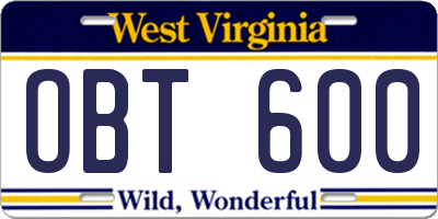 WV license plate OBT600