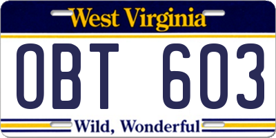 WV license plate OBT603