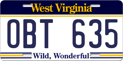 WV license plate OBT635
