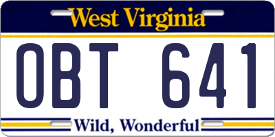 WV license plate OBT641