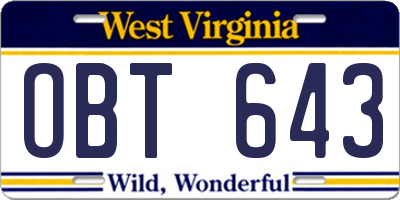 WV license plate OBT643