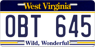 WV license plate OBT645