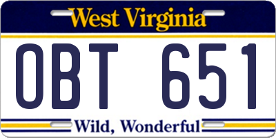 WV license plate OBT651
