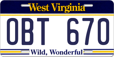 WV license plate OBT670