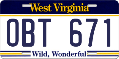 WV license plate OBT671