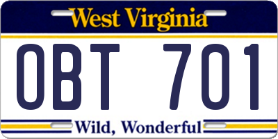 WV license plate OBT701