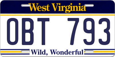 WV license plate OBT793