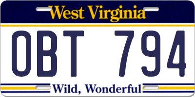WV license plate OBT794