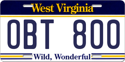 WV license plate OBT800