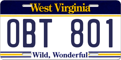 WV license plate OBT801