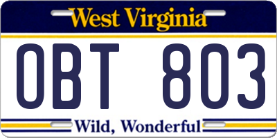 WV license plate OBT803