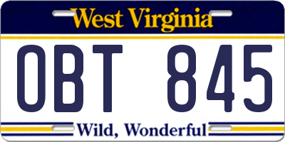 WV license plate OBT845