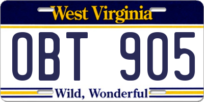 WV license plate OBT905