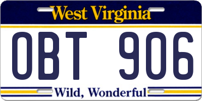 WV license plate OBT906