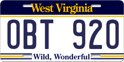 WV license plate OBT920