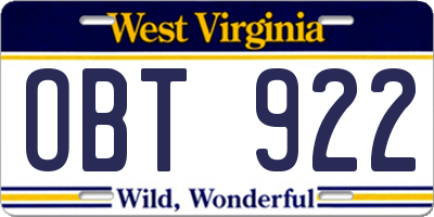 WV license plate OBT922