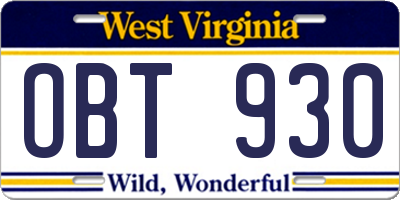 WV license plate OBT930