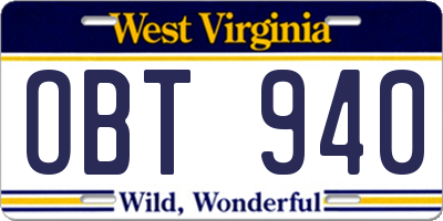 WV license plate OBT940