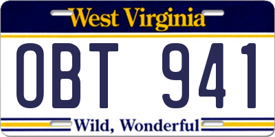 WV license plate OBT941