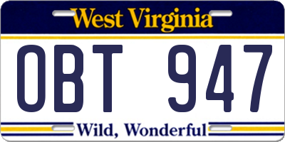 WV license plate OBT947