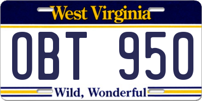 WV license plate OBT950