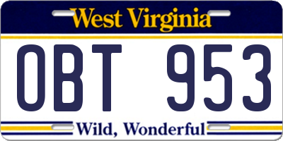 WV license plate OBT953