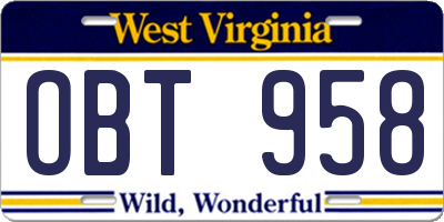WV license plate OBT958