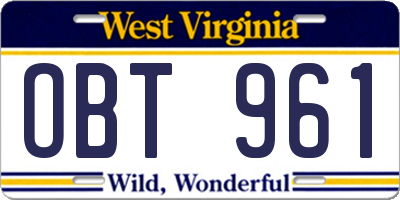 WV license plate OBT961
