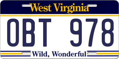 WV license plate OBT978