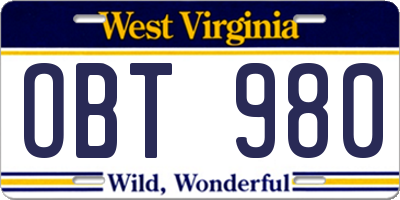 WV license plate OBT980