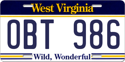 WV license plate OBT986