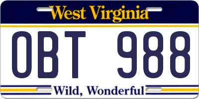 WV license plate OBT988