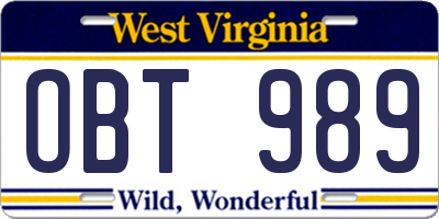 WV license plate OBT989