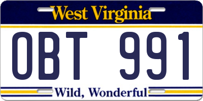 WV license plate OBT991