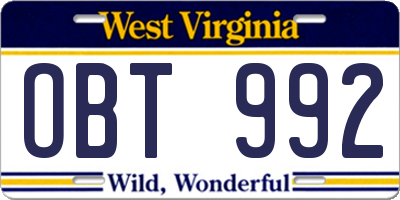WV license plate OBT992