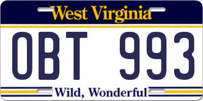 WV license plate OBT993