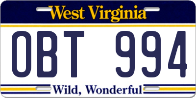 WV license plate OBT994
